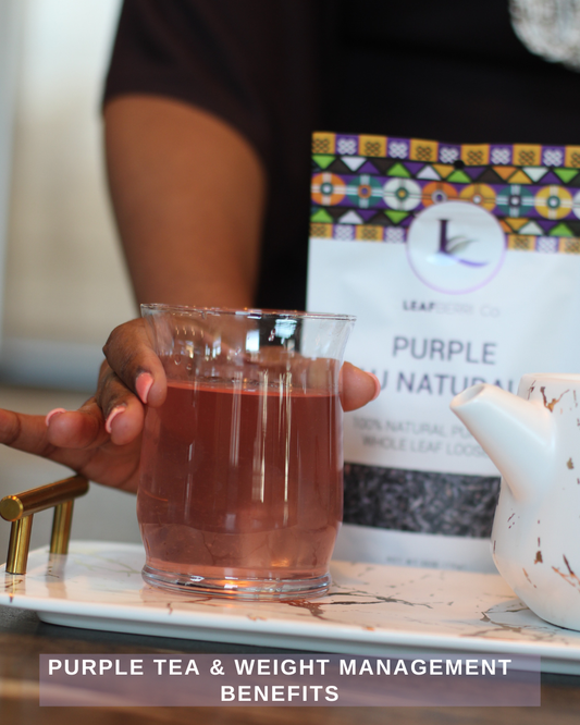 “A glass of Kenyan purple tea beside LEAFBERRI Purple Au Naturale packaging — antioxidant-rich, low-caffeine tea supporting metabolism and wellness.”