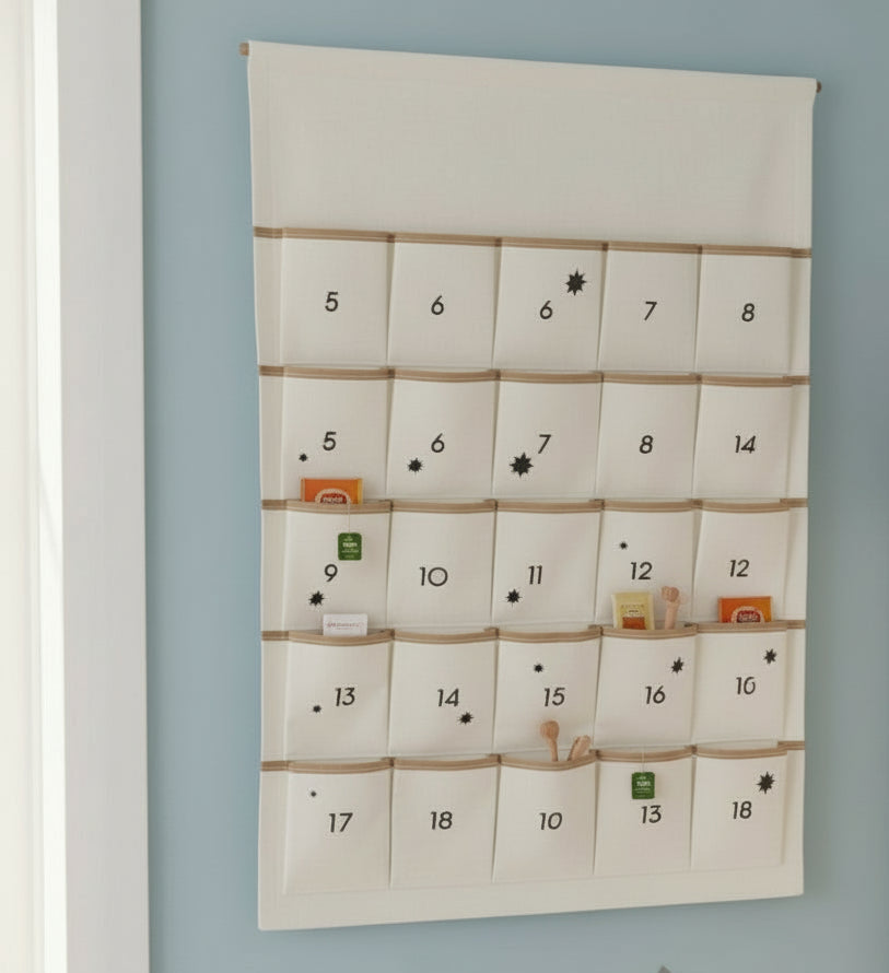 Calendar with pockets on a blue wall next to a teddy bear and bookshelf.