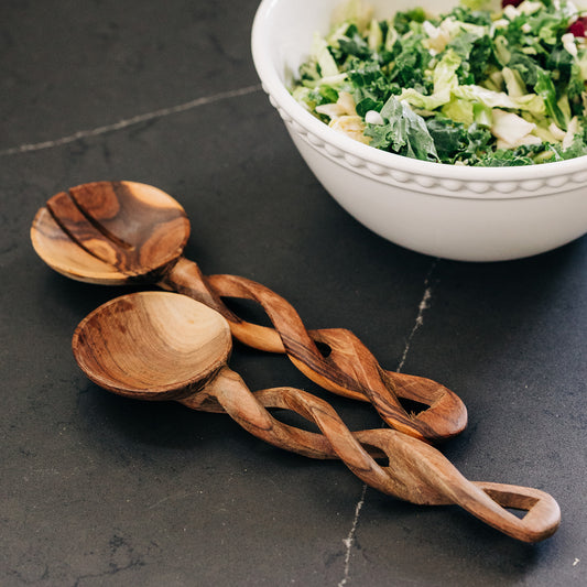 Handmade Twisted Large Wooden Salad Fork and Spoon Servers (pair)